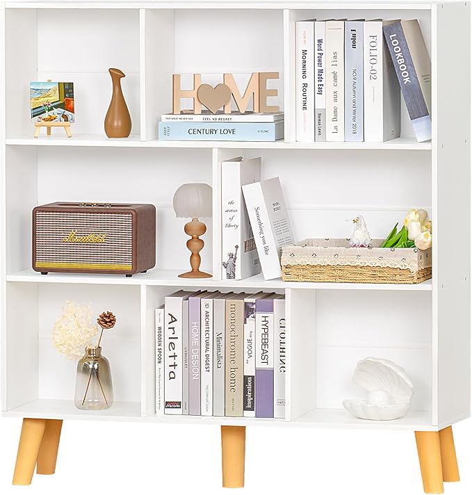 YAHARBO 8 Cube White Bookshelf,3 Tier Book Shelf with Legs,Modern Minimalist Bookcase,Open Book Shelves Storage Organizer,Frees Standing Wooden Display Bookcases for Small Space,Bedroom,Living Room