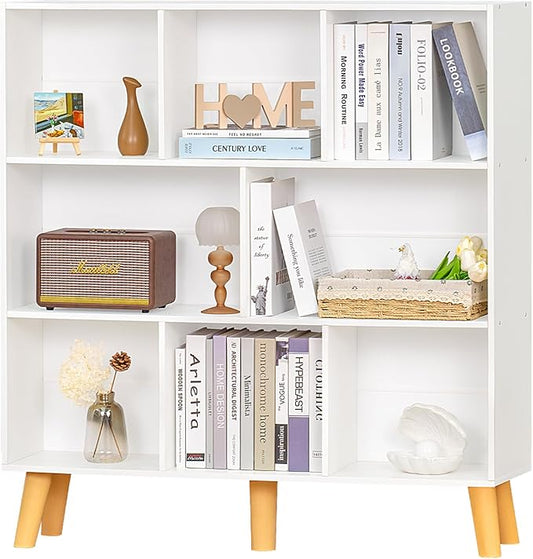 YAHARBO 8 Cube White Bookshelf,3 Tier Book Shelf with Legs,Modern Minimalist Bookcase,Open Book Shelves Storage Organizer,Frees Standing Wooden Display Bookcases for Small Space,Bedroom,Living Room
