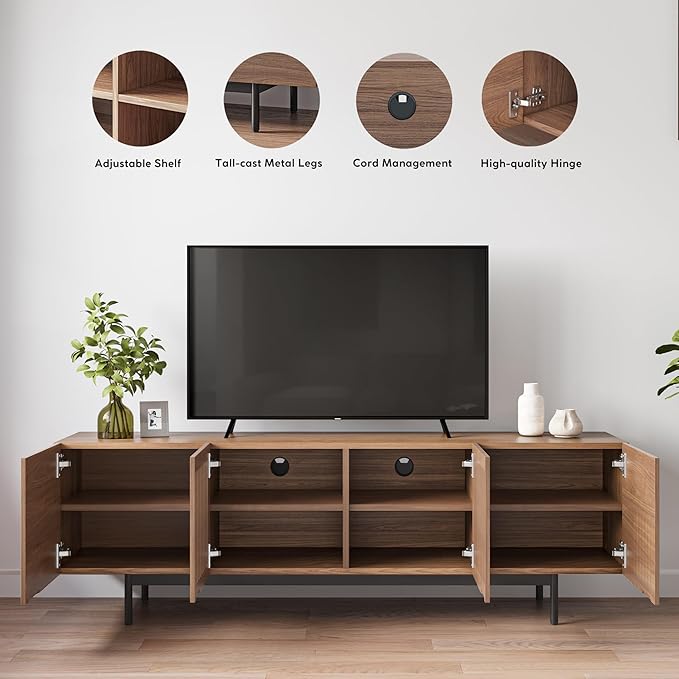 POVISON Full Assembled Mid-Century Modern TV Stand with Slatted Doors, Wood Media Console for 65-75 Inch TV, TV Console with Tall-cast Metal Legs, Entertainment Center with Storage for Living Room