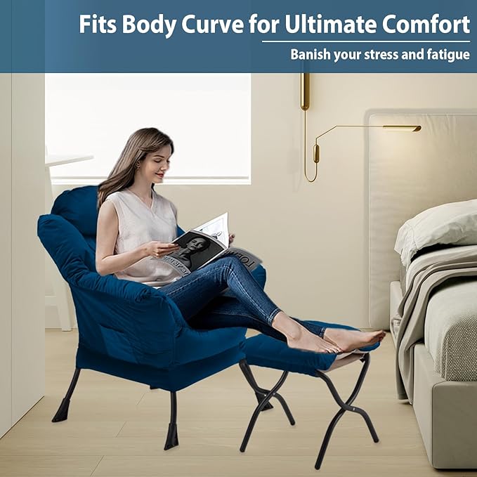 Lazy Chair with Folding Ottoman, Accent Chair Velvet Upholstered with Metal Structure and Non-Slip Pads, Sofa Armchair with Footrest and Side Storage Bag for Dorm, Room, Office, Blue