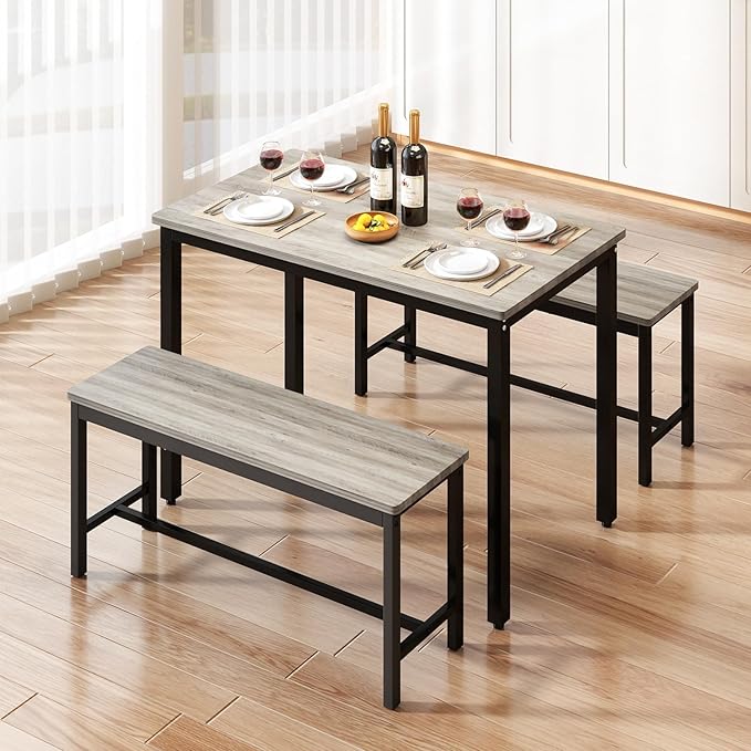 Rovibek Dining Room Table Chairs Set for 4, Modern Space Saving Kitchen Table with 2 Benches & Adjustable Feet Breakfast Table, Farmhouse Wooden Industrial Style, 43", Grey