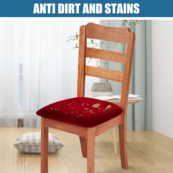 Smiry Velvet Seat Covers for Dining Room Chair Set of 6, Stretch Fit Removable Washable Chair Seat Cushion Protector Slipcovers with Ties, Wine Red