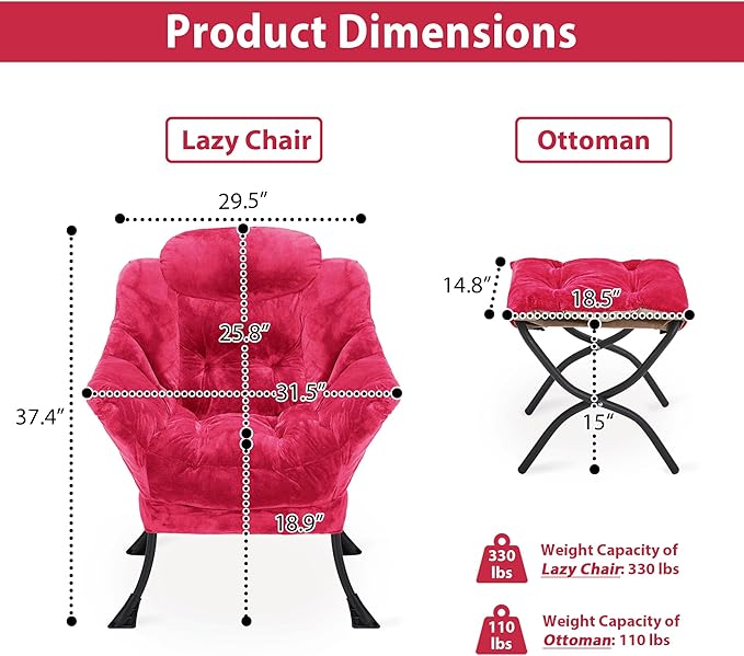 Lazy Chair with Folding Ottoman, Accent Chair Plush Upholstered with Metal Structure and Non-Slip Pads, Sofa Armchair with Footrest and Side Storage Bag for Dorm, Room, Office, Rose Red