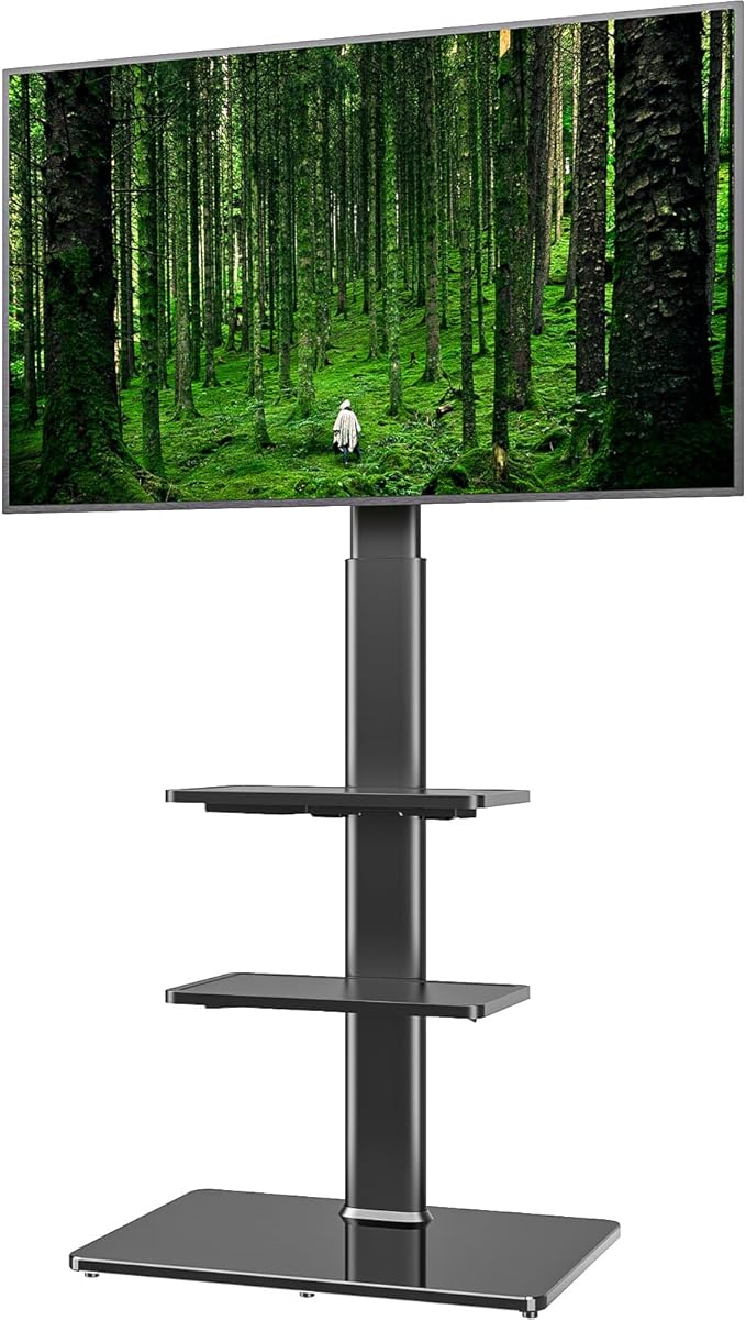 Universal Floor TV Stand with Mount for 19 to 43 inch Flat Screen TV, 100 Degree Swivel,Adjustable Height and Tilt Function, 3 Shelves Space Saving Standing TV Mount for Bedroom Living Room Corner