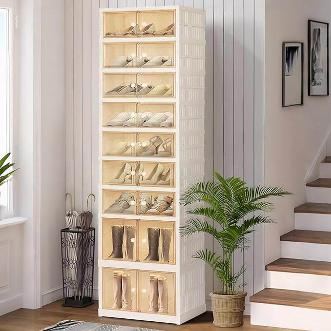 Foldable Shoe Organizer Storage Box, Portable Extra Large Folding Shoe Rack for Closet, Shoe Storage Box with Magnetic Transparent Door and Wheels, 9 Layers 18 Grids with 4 Big Grids for 2 PCS