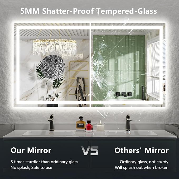 66x40 Inch LED Bathroom Mirror with Lights Front and Backlit Lighted Vanity Mirror for Bathroom Wall with 3 Colors Dimmable Anti-Fog Memory Shatter-Proof IP54 Waterproof Horizontal/Vertical