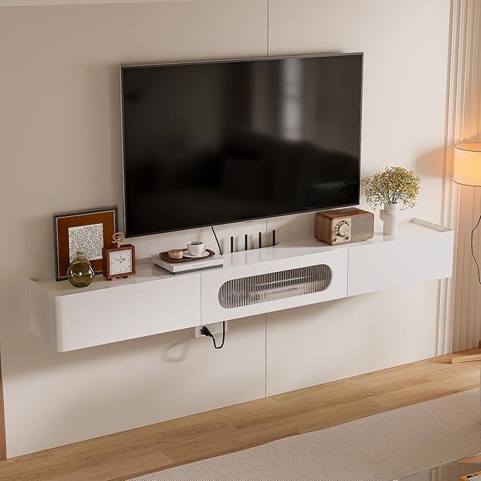 Floaticase Floating TV Stand, 70IN Fully Assembled Hign Gloss Wall Mounted TV Console with Flip-Down Door & Drawers for Livingroom, Bedroom