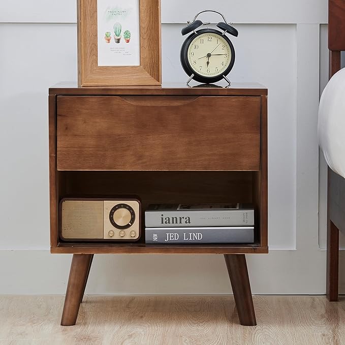 CozyDH Nightstand with Drawer and Opening Storage, Solid Wood Modern Bedside Table for Bedroom, 19" Sofa Side Table with Wooden Legs End Tables Living Room, Walnut