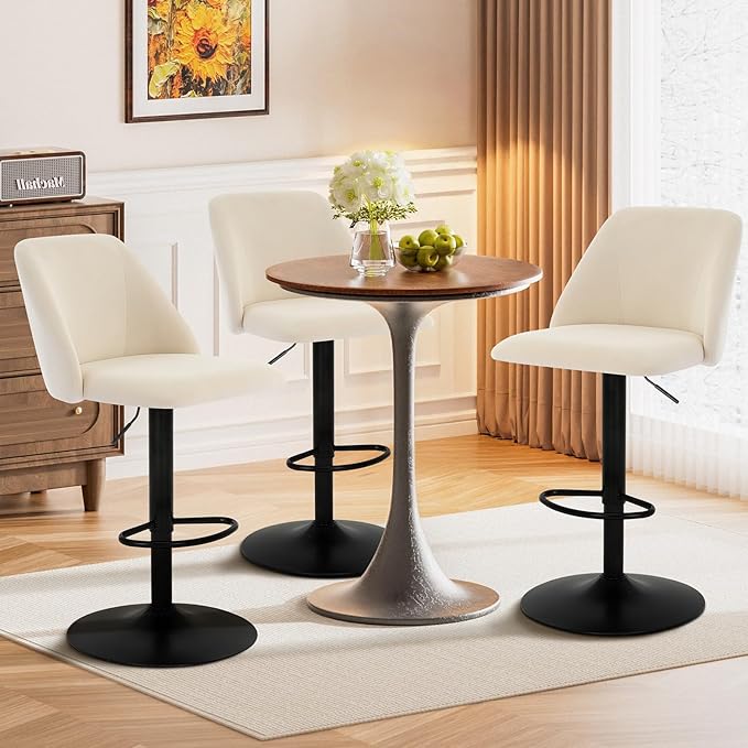 COLAMY Bar Stools Set of 6, Modern Swivel Bar Chairs, Adjustable Upholstered Barstools Counter Height with Full Backrest for Bar, Dining Room, Kitchen Island, Beige