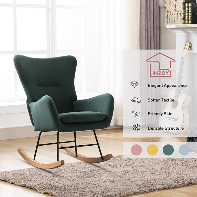 Phoenix Home Rocking Chair Nursery Velvet Upholstered Glider Rocker Rocking Accent Chair Padded Seat with High Backrest Armchair Comfy Side Chair for Living Room Bedroom Offices, Green