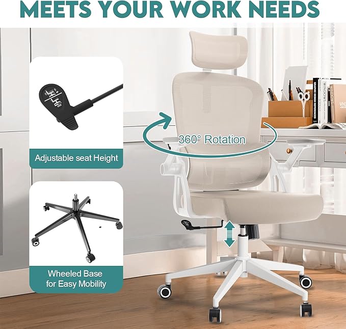 Office Chair Ergonomic Desk Chair with Lumbar Support&Headrest&Flip-up Arms Height Adjustable Rocking Swivel High Back Computer Chair Warm Taupe Mesh Study Chair (05Khaki)