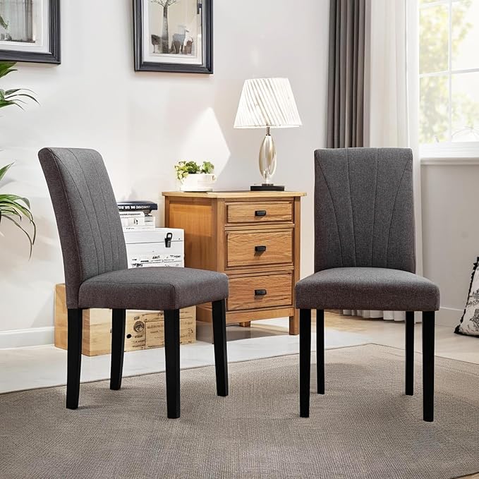 VECELO Upholstered Dining Chairs Set of 6, Modern Fabric and High Back & Solid Wood Legs, Parsons for Kitchen/Living Room- Dark Gray