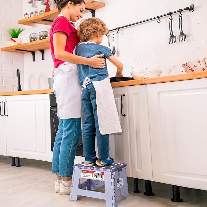 ACSTEP 9 Inch Folding Step Stool 300 LB Capacity Plastic Foldable Step Stools for Kids and Adults, Folding Stool Suitable for Kitchen, Stepping Stool with Handle Bicolor Purple Small Step Stool 1PC