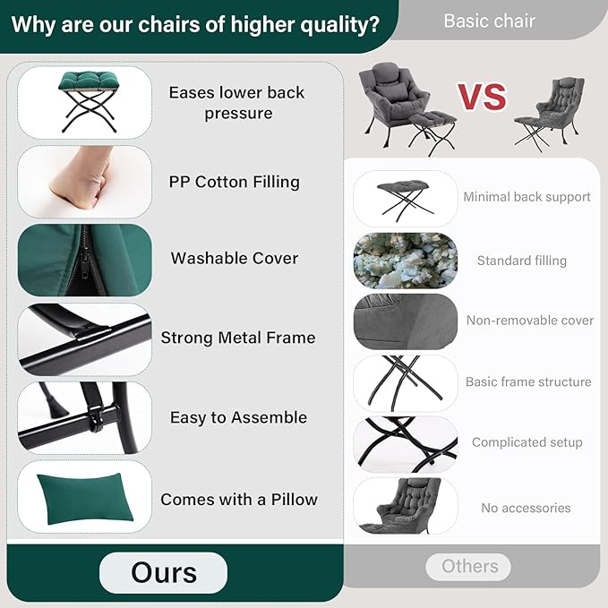 Lazy Chair with Ottoman, Comfy Fabric Accent Lounge Arm Chair with Lumbar Pillow and Folding Footrest, Reading Leisure Sofa Aimchair for Bedroom, Living Room, Dorm,Dark Green