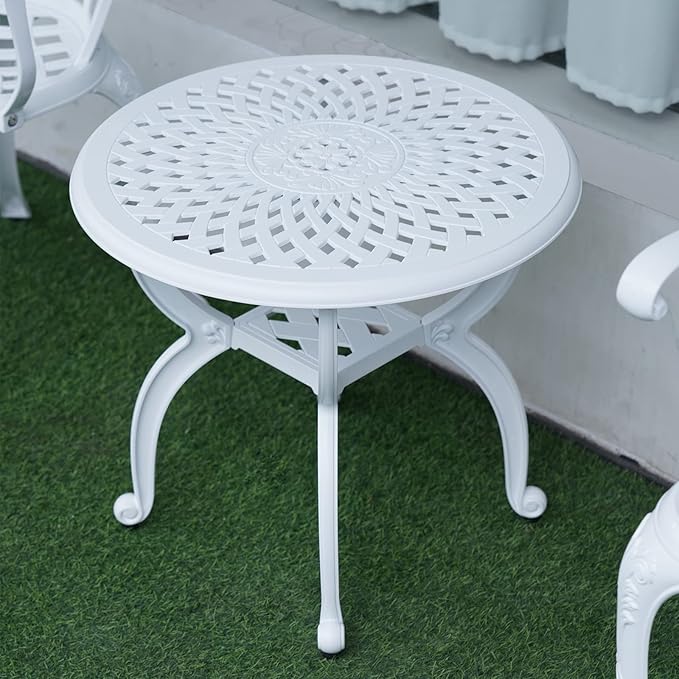 JARDIN DE CENTENNIAL Cast Aluminum Outdoor Side Table,Anti-Rust Outdoor End Table,Patio Coffee Bistro Table for Indoor,Garden,Porch,Balcony(Round White)