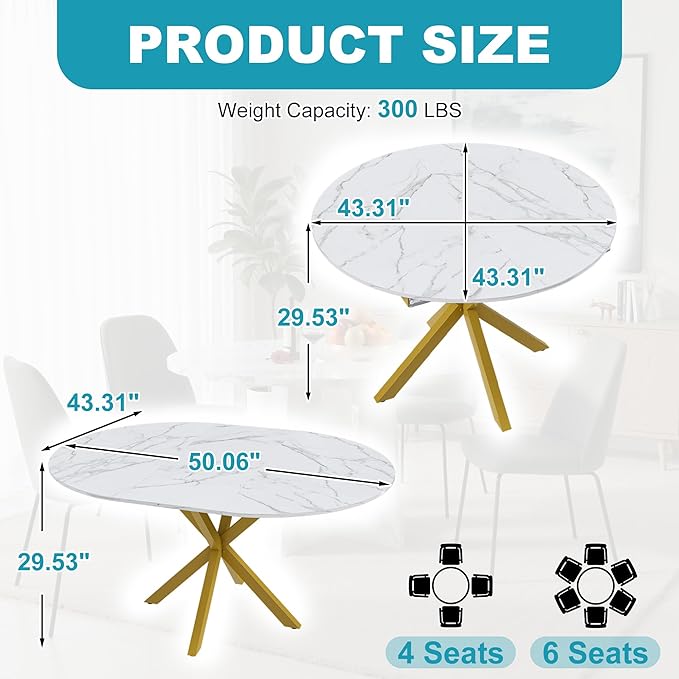 43"- 59" Extendable Dining Table for 4-6, Retractable Round Dinner Table Marble Oval Kitchen Tables Modern Steel Base Dining Room Tables for Small Space, Kitchen, Living Room, White & Gold