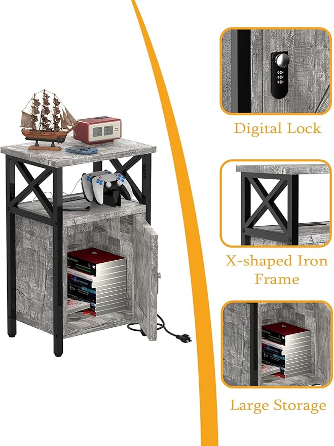 Wooden Nightstand with Lock, Bed Side Table with Drawers, Bedside Table with Charging Station, 3 USB & 2 Outlets, Night Stand with Storage, End Tables for Living Room, Bedroom (Ash Gray)