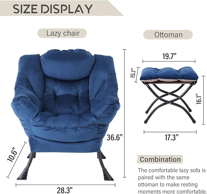 LITA Lazy Chair with Ottoman, Modern Accent Leisure Upholstered Sofa Chair, Contemporary Lounge Reading Chair with Armrests and a Side Pocket for Living Room, Bedroom & Small Space, Royal Blue