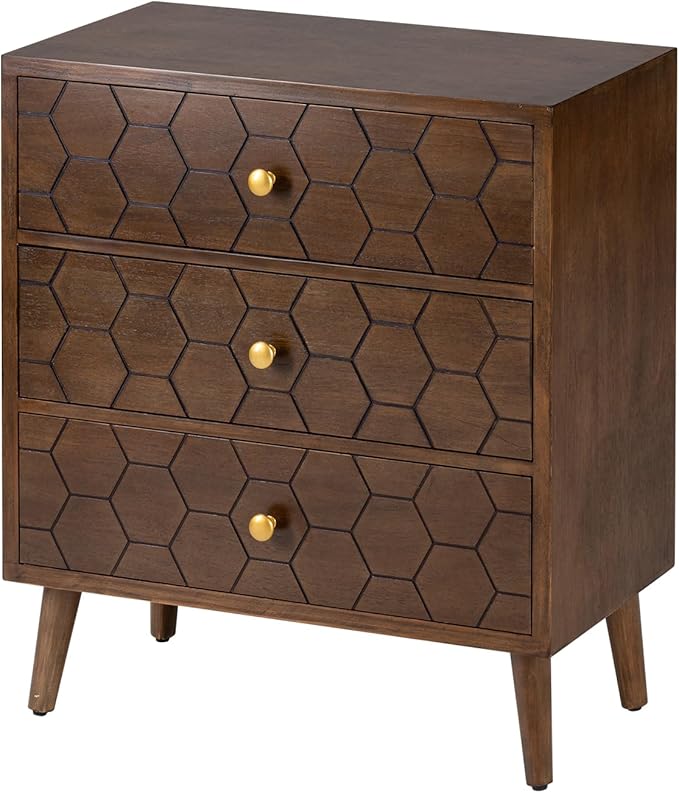 COSIEST Modern End Table w 3 Storage Drawers, Night Stand w Honeycomb Pattern, Small Wood Chest, Accent Cabinet for Bedroom, Living Room
