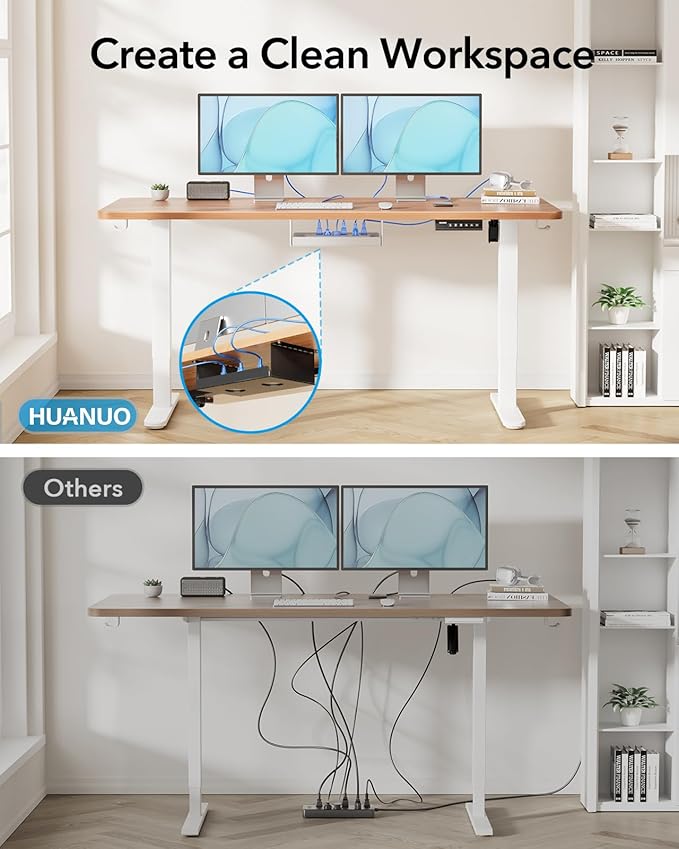 HUANUO Standing Desk Frame with 220lbs Powerful Brushless Motor, Thick T-Shaped Adjustable Desk Legs Made of Automotive-Grade Steel, for Max 75″ x 35″ Desktop, for Home Office, White Frame Only