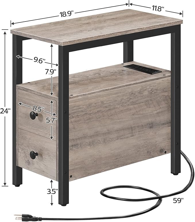 HOOBRO Set of 2 End Tables with Charging Station, Narrow Side Table with Drawers & USB Ports & Power Outlets, Nightstand for Small Spaces, Living Room, Stable, Greige and Black BG541BZP201