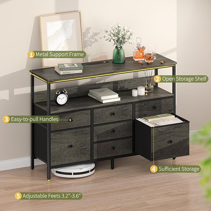Yoobure LED TV Stand for Bedroom, 50 Inch Kids Dresser with Power Outlets, 7 Drawers Entertainment Center with Storage Shelf, TV Stands Dresser for Bedroom, Living Room, TV Console Entertainment Stand