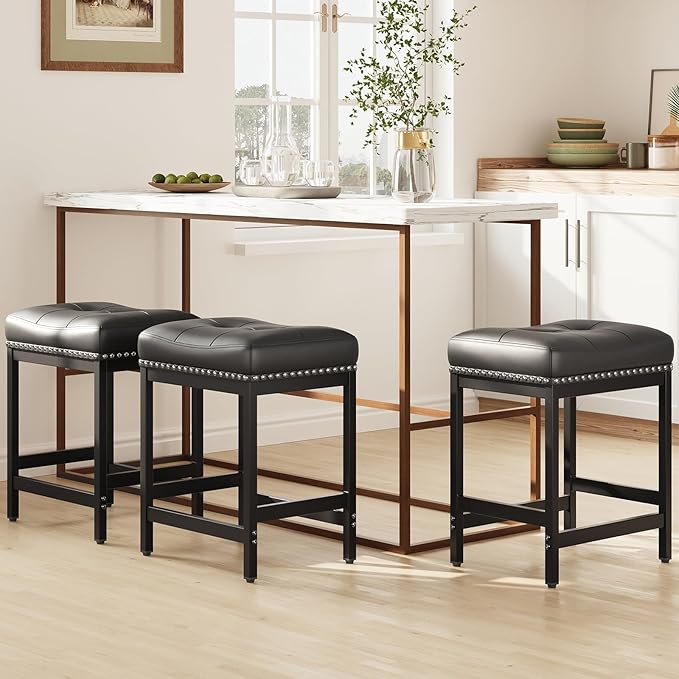 MALOL Set of 3 Saddle Bar Stools Counter Height 24.4”, Black Backless Barstools for Kitchen Island, Modern PU Leather Cushioned Seat, Bar Chairs for Kitchen Counter, Breakfast Bar Stools for Home