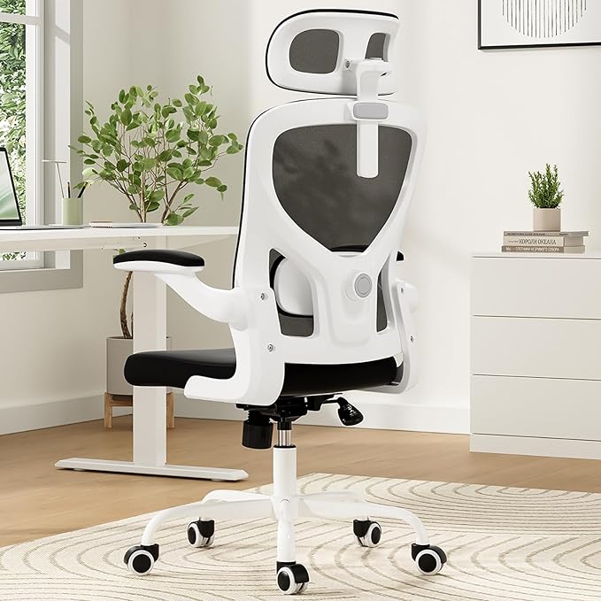 Ergonomic Office Chair, Comfy Home Office Chair High Back Computer Chair with Headrest, Adjustable Back Support, Flip-Up Arms, 90-120° Tilt and Wide Cushion, Up to 300lbs, Black+White