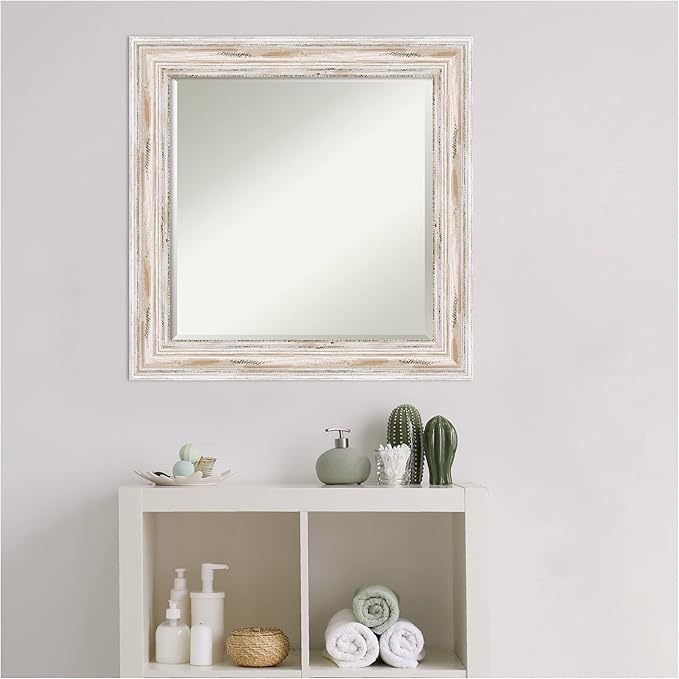 Amanti Art White Bathroom Mirror for Over Sink, 25x25 Alexandria White Wash Square Vanity Mirror, Medium Coastal Wood Frame, Hangs Horizonally and Vertically, Bathroom Wall Decor, Beveled Edge from WI