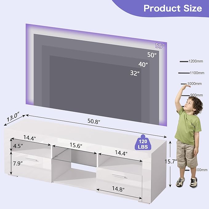 White TV Stand for 50/55 Inch, Entertainment Center With LED Lights, Modern Stand for Bedroom, Console With Storage and Shelves for Living Room