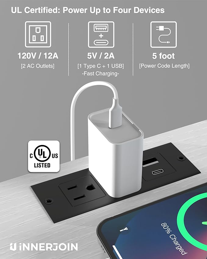 Innerjoin Side Table with Charging Station Set of 2, C Shaped End Table with LED Light Strip, Fast Charge USB A&C Ports, Small Sofa Snack Laptop Side Table for Living Room Bedroom, White