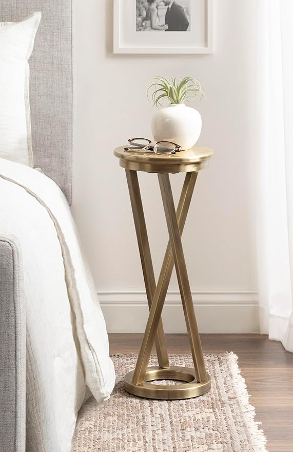 Kate and Laurel Aja Modern Metal Round Drink Table, 9 x 9 x 22, Antique Brass, Decorative Geometric Pedestal Table with Circular Tabletop for Use as Metal Indoor Plant Stand