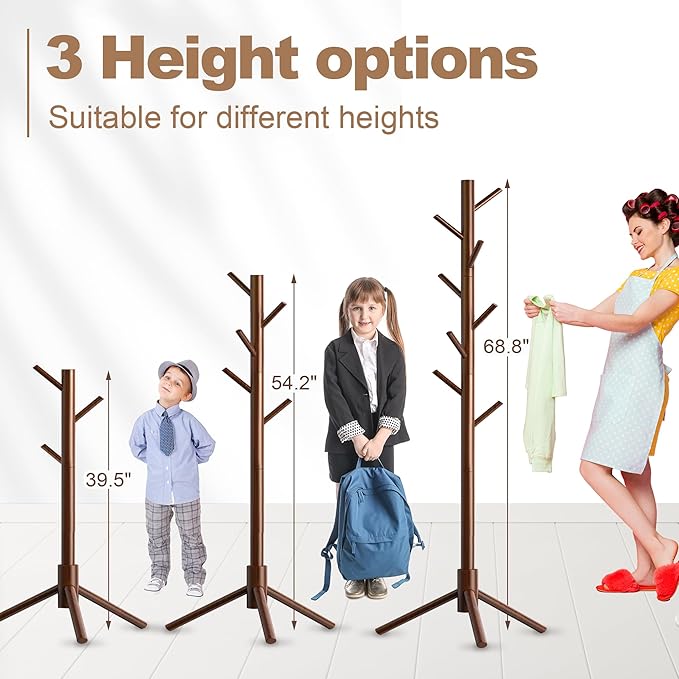 Wooden Coat Rack Stand, Freestanding Coat Rack with 8 Hooks, 3 Adjustable Size Coat Tree for Hats, Coats, Scarves bags, Coat Hanger Stand Used in Bedroom/Office/Entryway （Brown）