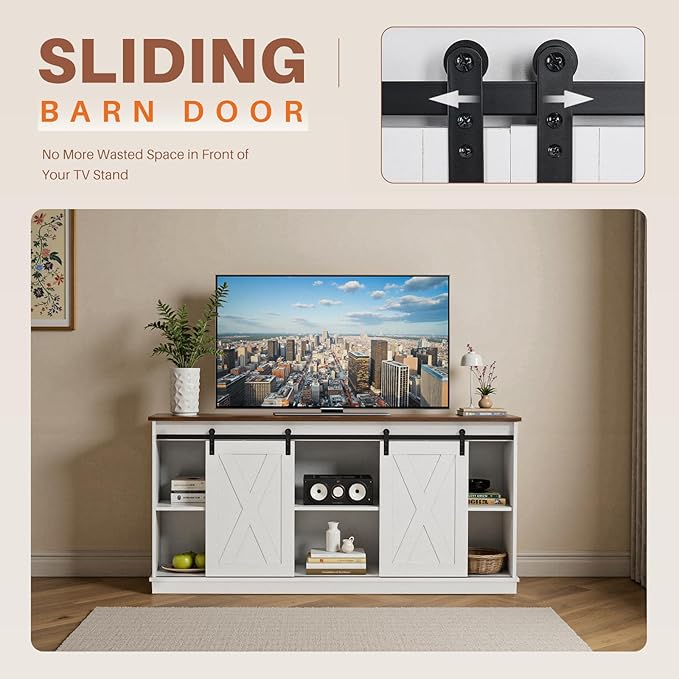 Sweetcrispy Farmhouse TV Stand for Living Room Bedroom White 65 Inch, Tall Entertainment Center with Storage Shelves, Media Console Cabinet with Wood Board, 300 LBS Capacity, and Sliding Barn Door