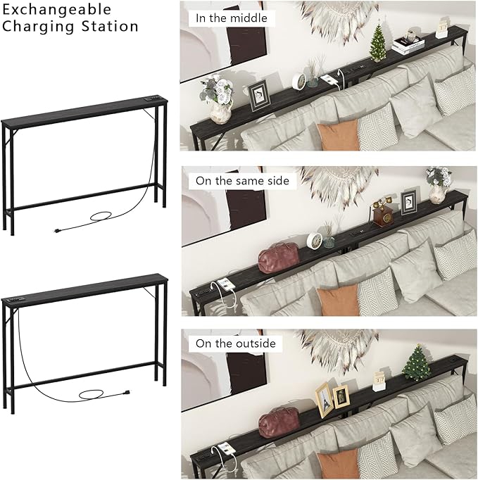 Tohomeor Skinny 5.9" Console Table 47.24" Narrow Long Sofa Table with Power Outlets USB Ports Industrial Wooden Entry Table for Entryway Living Room Hallway (L-94.4xW-5.91, Charcoal)