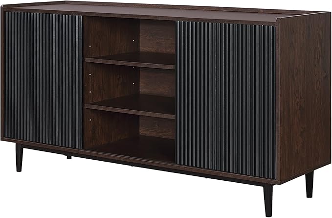 Manhattan Comfort Duane 59-Inch Ribbed Mid Century Modern Sideboard, Versatile Dining & Living Room Buffet Table with 3 Adjustable Center Shelves & 2 Side Cabinets, Set of 3, Black