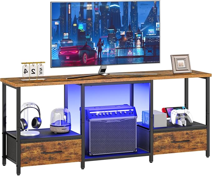 HOOBRO LED TV Stand with Storage, LED Entertainment Center with Open Shelves and Drawer, Fits TVs up to 55", Television Stand for Living Room, Bedroom, Rustic Brown and Black BF123DDS01