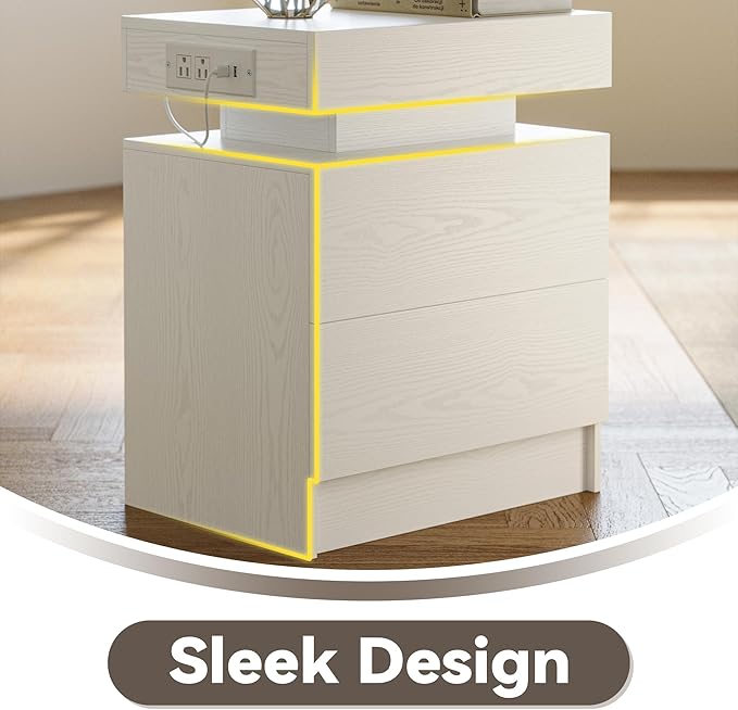 LIKIMIO Night Stand Set of 2, Modern White Nightstand with with Charging Station, Bedside Tables with LED Light and Drawers, End Table for Bedroom