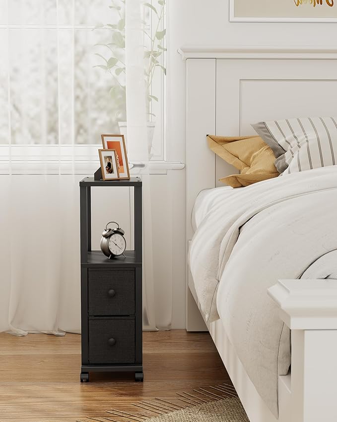 TUTOTAK Small Narrow End Tables, Side Tables with 2 Fabric Drawers, Set of 2, Bedside Tables with Charging Station for Small Spaces, Slim Nightstands with USB Ports and Wheels, TB01BK053