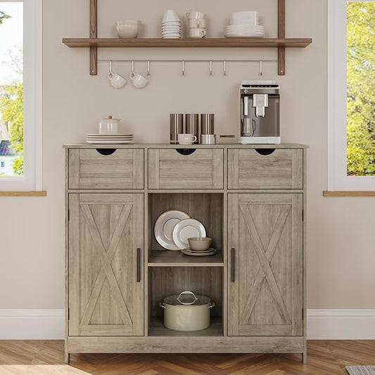 Storage Cabinet, Coffee Bar Cabinet with 2 Adjustable Shelves, 3 Drawers, and 2 Doors, for Bathroom, Kitchen, Living Room (Gray)