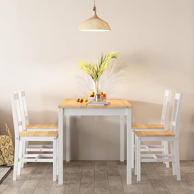 soges 5 Pieces Dining Table Set, Pine Wood Kitchen Table with 4 Chairs, 47.2 inch Kitchen Table Set for 4, Rectangular Dining Table Furniture Set for Kitchen, Dining Room, Dinette, White & Oak