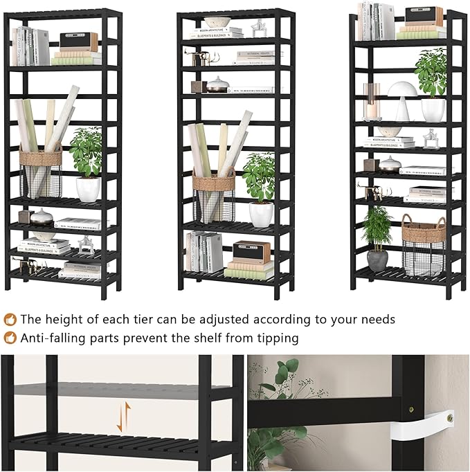 Homykic 6-Tier Bamboo Bookshelves and Bookcases, Adjustable 63.4”Tall Shallow Book Shelf Organizer Rack, Freestanding Storage Shelving Unit for Living Room, Kitchen, Bathroom, Office, Black
