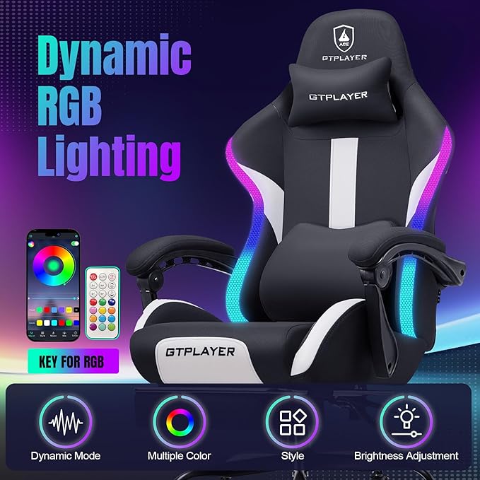 GTRACING Gaming Chair with Foot Rest & Racing Style RGB LED Lights, Breathable Fabric for Home Office Desk, Ergonomic High Back Computer Chair with Headrest & Lumbar Support, RGB Black