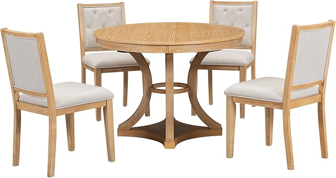Ball & Cast Retro Dining Table Set for 4 with 4 Upholstered Chairs,5-Piece Wooden Living Room Furniture W/ 42" Round Extendable Kitchen Desk,for Small Space,Apartment,Dining Room,Natural