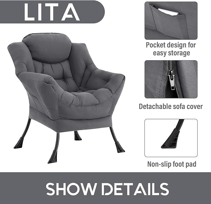 LITA Lazy Chair with Ottoman, Modern Accent Leisure Upholstered Sofa, Contemporary Lounge Reading Chair with Armrests and a Side Pocket for Living Room, Bedroom & Small Space, Single Dark Grey