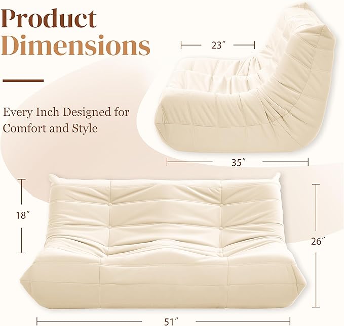 Bean Bag Chair, Loveseat Fireside Chair Bean Bag Sofa for Adults, 2 Seater Bean Bag Chairs for Teens with High-Resilience Foam, Memory Foam Bean Bag for Living Room, Bedroom, Office (Suede, Beige)