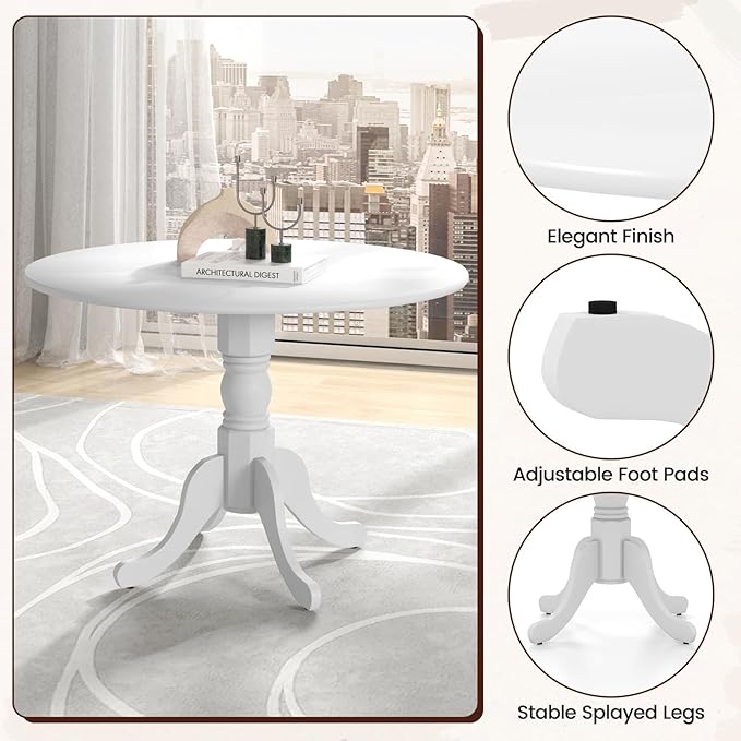 COSTWAY Round Dining Table for 4, 39-inch Wooden Kitchen Table with Solid Rubber Wood Frame, Curved Trestle Legs, Adjustable Foot Pads, Mid Century Rustic Dinning Table for Living Room (White)