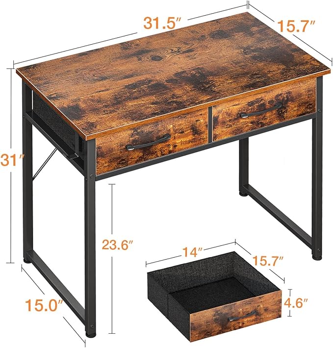 Casaottima 32 Inch Small Office Computer Desk with 2 Drawers & Headphone Hook - Compact Writing Desk for Home Office, Study or Work, Modern Space-Saving Design for Small Spaces, Pure Vintage