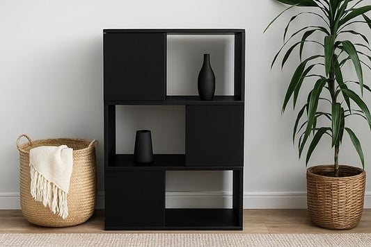 GHC 3 Tier Bookshelf, Wood Decorative Storage Shelving, Modern Freestanding Display Shelves, Tall Book Shelf Unit for Living Room, Bedroom, Office-Black