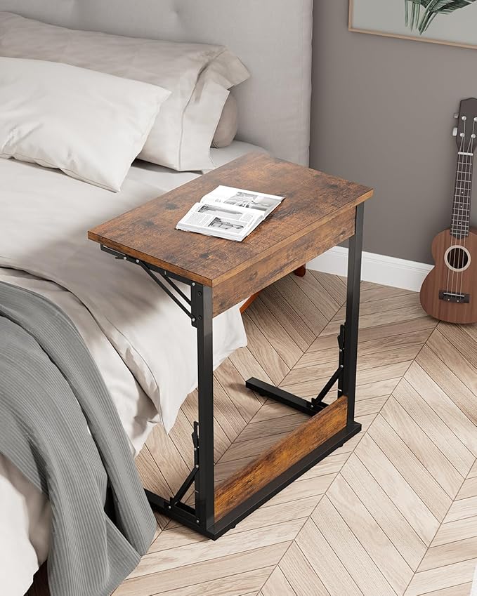 Tatub Folding TV Tray Table Set of 4, 24" Wide C-Shaped End Table for Couches, Small Sofa-Side Laptop Desk with Metal Frame for Living Room, Bedroom, Rustic-Brown